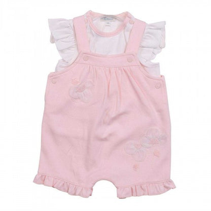 Front - Mintini Baby Girls Floral Embroidery Dungaree Dress Set