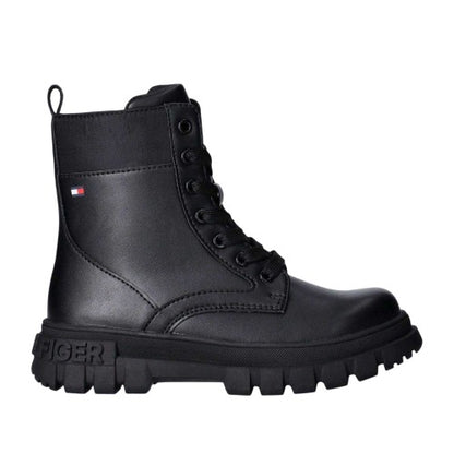 Front - Tommy Hilfiger Girls Leather Lace Up Zipped Biker Boots