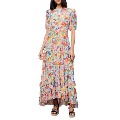 Front - RIXO Womens/Ladies Floral Silk Puff Sleeve Maxi Dress
