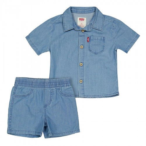 Front - Levis Baby Logo Denim Shirt And Shorts Set