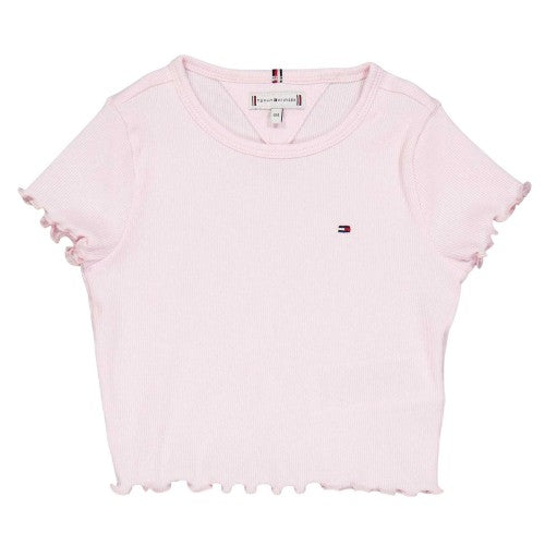Front - Tommy Hilfiger Girls Essential Embroidered Logo Ribbed Ruffle Crop Top