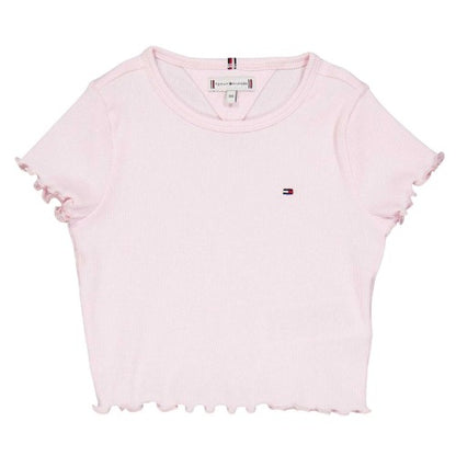 Front - Tommy Hilfiger Girls Essential Embroidered Logo Ribbed Ruffle Crop Top