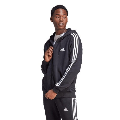 Front - Adidas Mens Essentials 3 Stripes Fleece Full Zip Hoodie