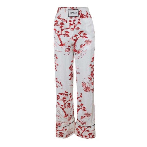 Front - Off White Womens Ladies Tropical Toile Wide Leg Pyjama Bottoms