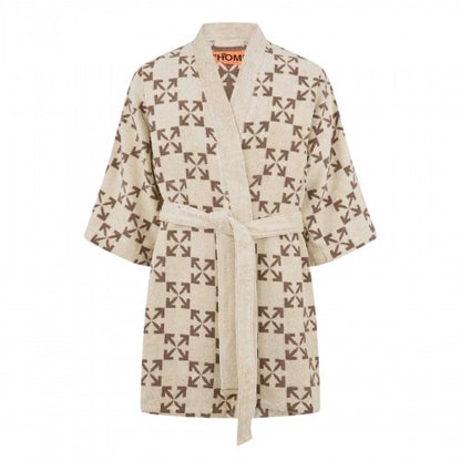 Front - Off-White Unisex Adult Geometric Pattern Terrycloth Relaxed Fit Short-Sleeved Robe