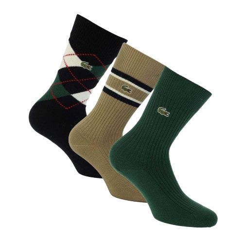 Front - Lacoste Unisex Adult Assorted Designs Cotton Socks (Pack of 3)