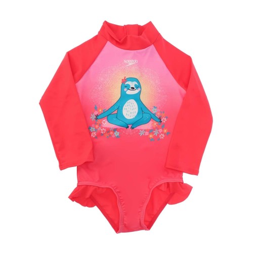 Front - Speedo Girls Frill Long-Sleeved One Piece Swimsuit