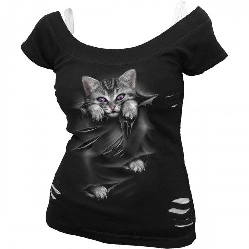 Front - Spiral Direct Womens/Ladies Bright Eyes Ripped 2 in 1 T-Shirt