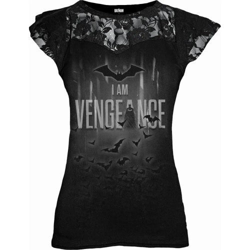 Front - Spiral Direct Womens/Ladies I Am Vengeance Batman Lace Detail Capped Sleeved T-Shirt