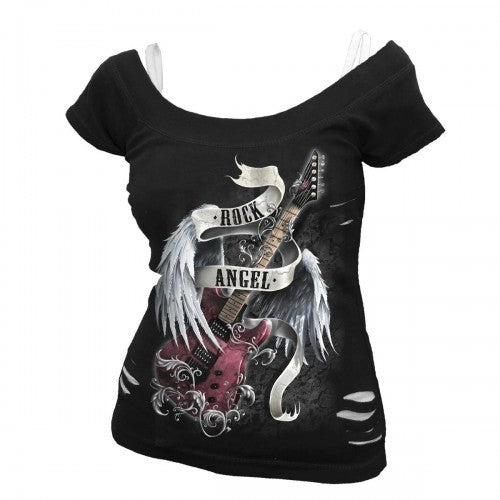Front - Spiral Direct Womens/Ladies Rock Angel Ripped 2 in 1 T-Shirt