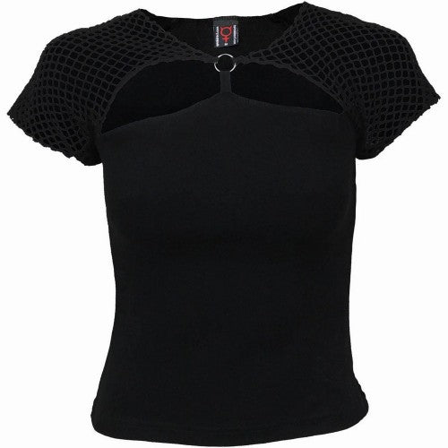 Front - Spiral Direct Womens/Ladies Gothic Rock Mesh Ring Detail Capped Sleeved Top