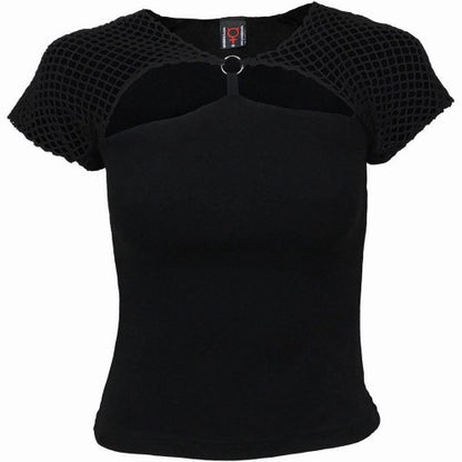 Front - Spiral Direct Womens/Ladies Gothic Rock Mesh Ring Detail Capped Sleeved Top