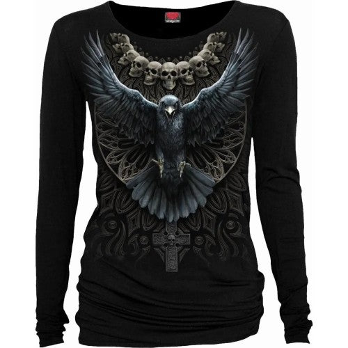 Front - Spiral Direct Womens/Ladies Raven Skull Long-Sleeved T-Shirt