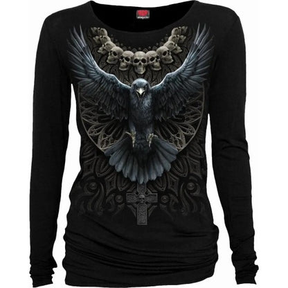 Front - Spiral Direct Womens/Ladies Raven Skull Long-Sleeved T-Shirt