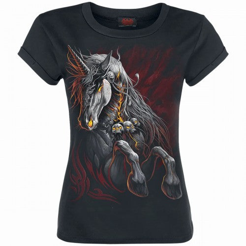 Front - Spiral Direct Girls Infernal Unicorn Capped Sleeved T-Shirt
