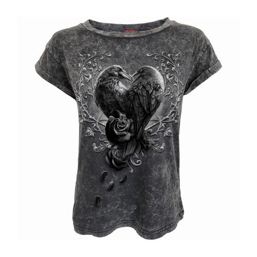 Front - Spiral Direct Womens/Ladies Raven Heart Acid Wash Short-Sleeved T-Shirt