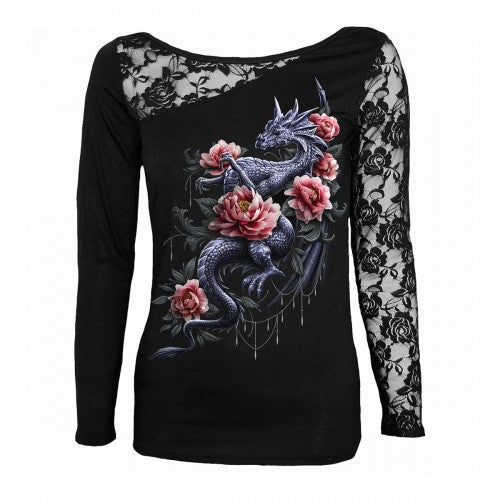 Front - Spiral Direct Womens/Ladies Dragon Rose Slant Long-Sleeved T-Shirt