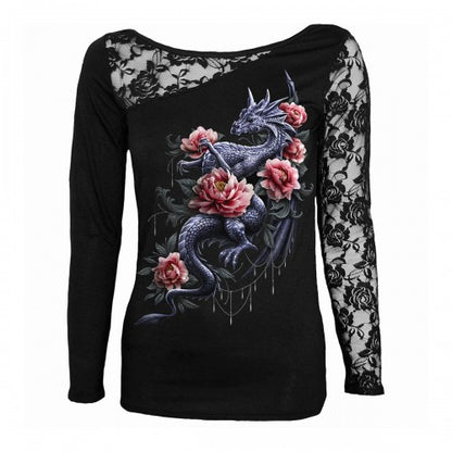 Front - Spiral Direct Womens/Ladies Dragon Rose Slant Long-Sleeved T-Shirt