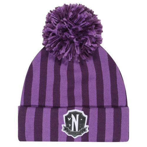 Front - Wednesday Unisex Adult Nevermore Stripes Logo Beanie
