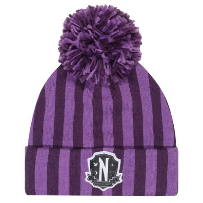 Front - Wednesday Unisex Adult Nevermore Stripes Logo Beanie