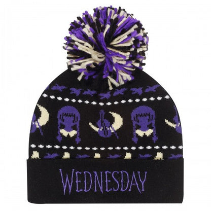 Front - Wednesday Unisex Adult Silhouette Pom Pom Beanie