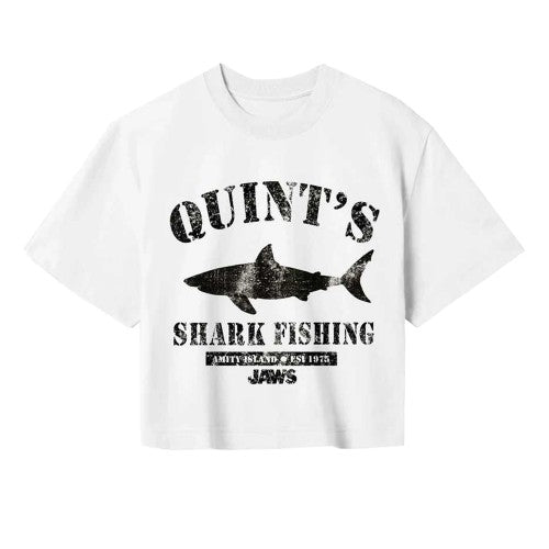 Front - Jaws Womens/Ladies Quints Shark Fishing Crop T-Shirt