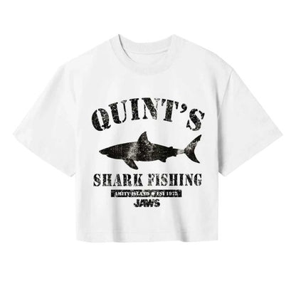 Front - Jaws Womens/Ladies Quints Shark Fishing Crop T-Shirt