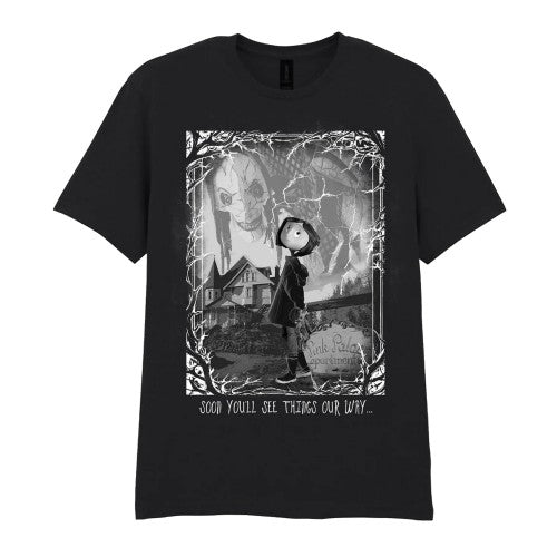 Front - Coraline Unisex Adult Horror Scene T-Shirt