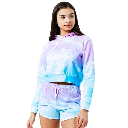 Front - Hype Girls Pastel Clouds Cropped Pullover Hoodie