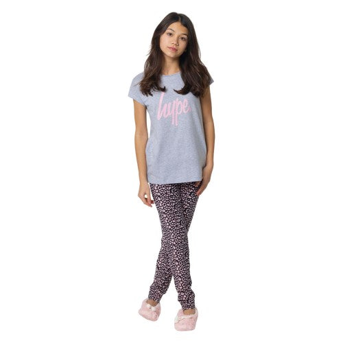 Front - Hype Girls Leopard Print Slouch Capped Sleeved Long Pyjama Set