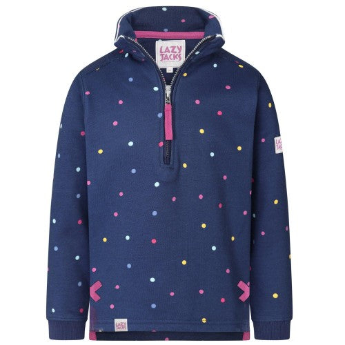 Front - Lazy Jacks Girls Polka Dot Quarter Zip Sweatshirt