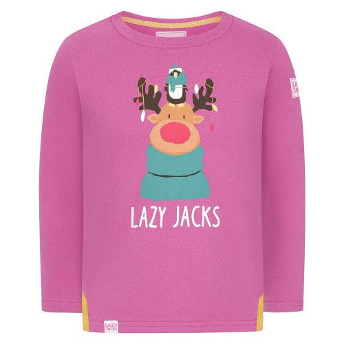 Front - Lazy Jacks Girls Reindeer Long-Sleeved T-Shirt