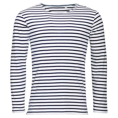 Front - SOLS Mens Marine Striped Long-Sleeved T-Shirt
