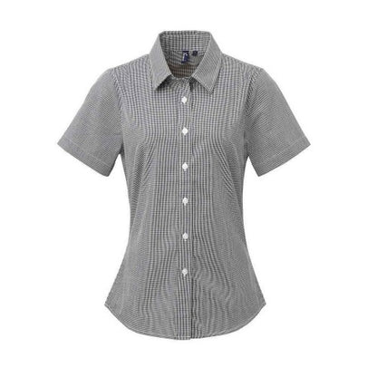 Front - Premier Womens/Ladies Micro Gingham Check Cotton Short-Sleeved Shirt