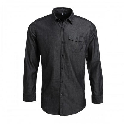Front - Premier Mens Denim Jean Style Stitching Shirt