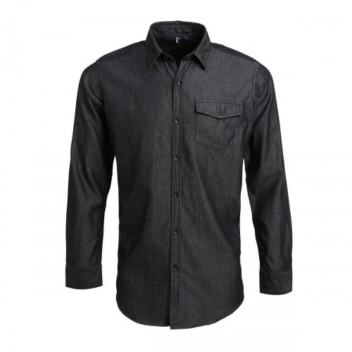 Front - Premier Mens Denim Jean Style Stitching Shirt