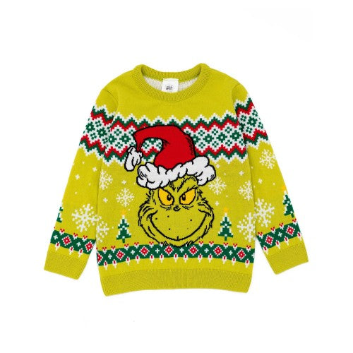 Front - The Grinch Childrens/Kids Knitted Christmas Jumper
