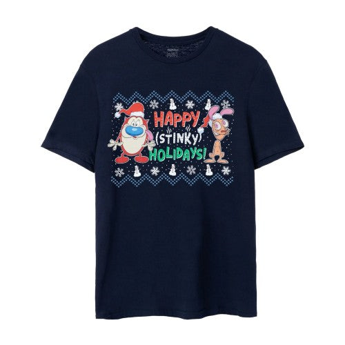 Front - Ren & Stimpy Mens Happy Stinky Holidays T-Shirt