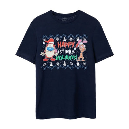 Front - Ren & Stimpy Mens Happy Stinky Holidays T-Shirt