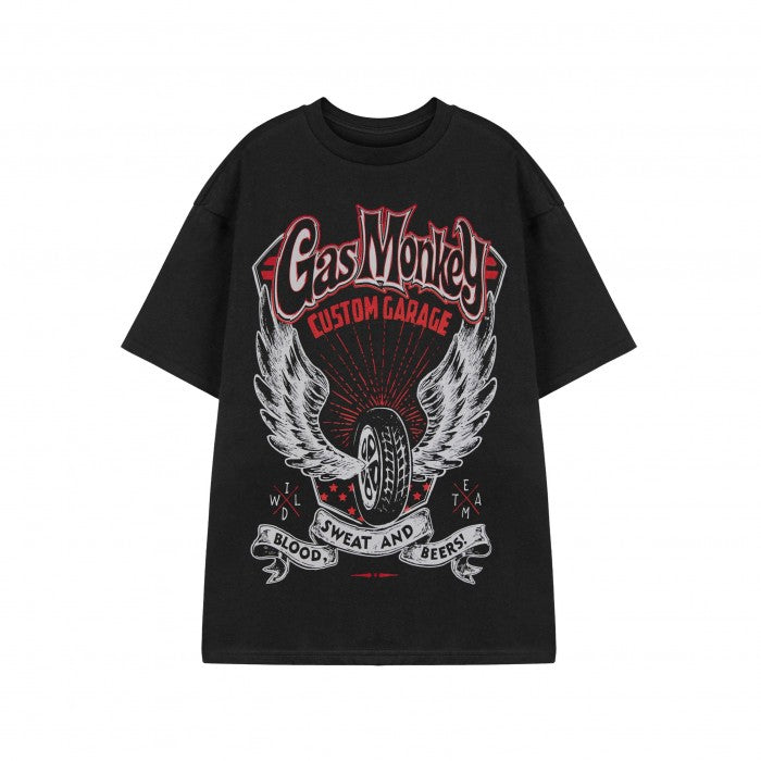 Front - Gas Monkey Garage Mens Winged Tyre T-Shirt