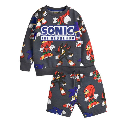 Front - Sonic The Hedgehog Boys Characters Long-Sleeved Sweatshirt and Shorts Set