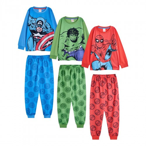 Front - Marvel Avengers Boys Spiderman, Hulk, Captain America Long-Sleeved Long Pyjama Set (Pack of 3)