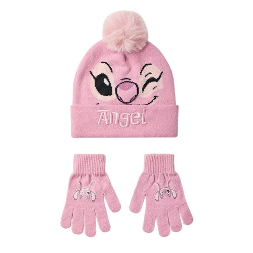 Front - Lilo & Stitch Girls Face Angel Beanie & Gloves Set