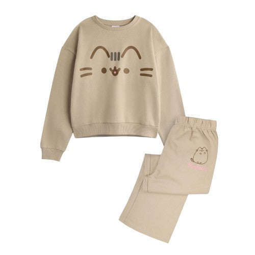 Front - Pusheen Girls Big Face Sweatshirt & Jogging Bottoms