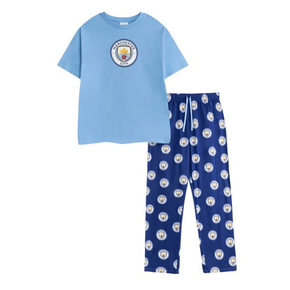 Front - Manchester City FC Mens Crest Short-Sleeved Long Pyjama Set