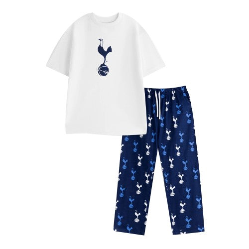 Front - Tottenham Hotspur FC Mens Crest Short-Sleeved Long Pyjama Set