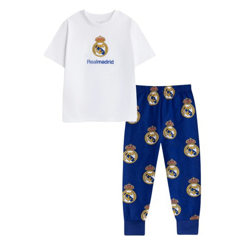 Front - Real Madrid CF Boys Crest Short-Sleeved Long Pyjama Set