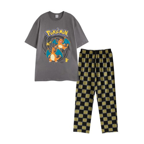 Front - Pokemon Mens Pikachu & Charizard Short-Sleeved Long Pyjama Set