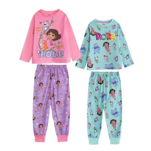 Front - Dora The Explorer Childrens/Kids Character Long Pyjama Set (Pack of 2)