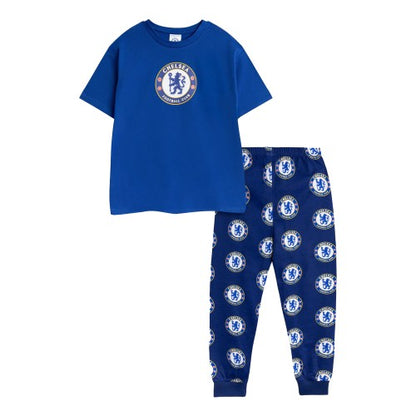 Front - Chelsea FC Boys Crest Short-Sleeved Long Pyjama Set